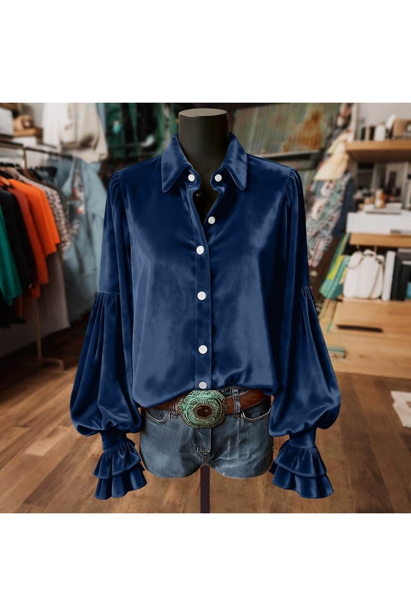 Women's Velvet Tops Dressy Casual Long Sleeve Smocked Work Blouses Trendy Blusas Elegantes Button Down Shirts