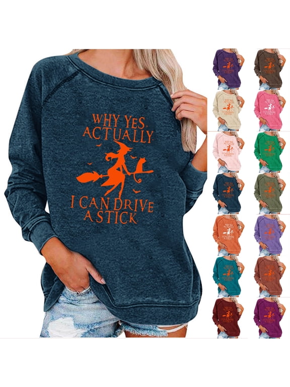Women's "Why Yes Actually I Can Drive A Stick" Graphic Crew Neck Loose Pullover Sweatshirt, Funny Statement Tee with Relaxed Fit for Everyday Casual Wear