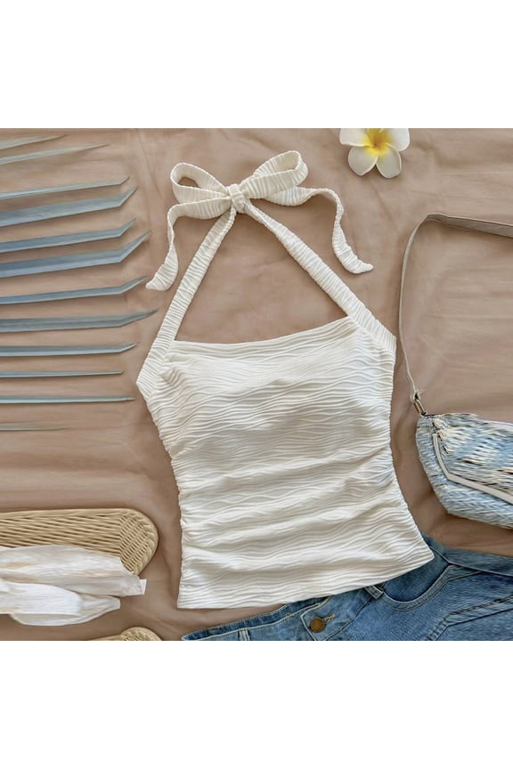 Women's Y2k Halter Tops Open Back Ruched Striped Tie Back Sleeveless Summer Going Out Cami Tops