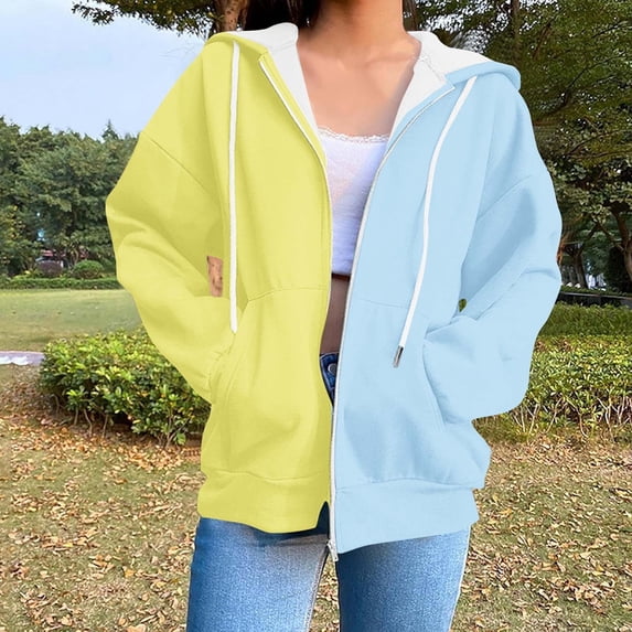 Ounisa Women's ZipperJackets Fashionable Casual Splicing Color Sweatshirt Drawstring The Season Hoodie Long Sleeve Tops with Pocket