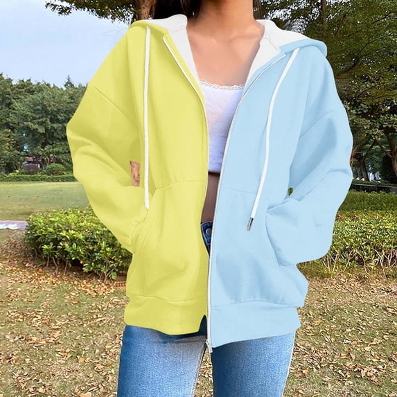 Ounisa Women's ZipperJackets Fashionable Casual Splicing Color Sweatshirt Drawstring The Season Hoodie Long Sleeve Tops with Pocket