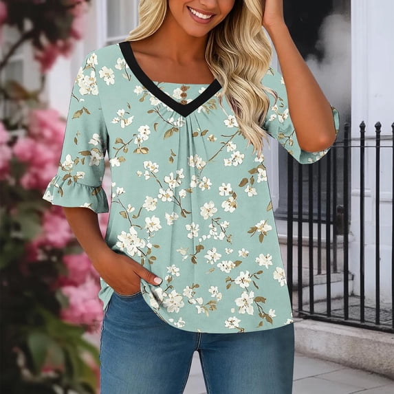 Ounisa Womens 1/2 Sleeve T Shirt Crew Neck Printed Flared Sleeve V Neck Ruched Summer Casual Stylish Tops XL-5XL
