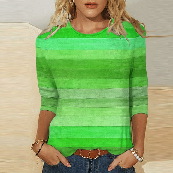 Ounisa Womens 3/4 Length Sleeve Tops, Casual Fashion Stripe Print Shirts Crew Neck Loose-Fitting Blouses