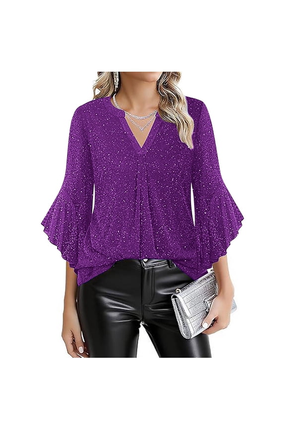 Womens 3/4 Ruffle Sleeve Sparkly Tops Sequin V Neck Blouses Dressy Casual Fall Shirts