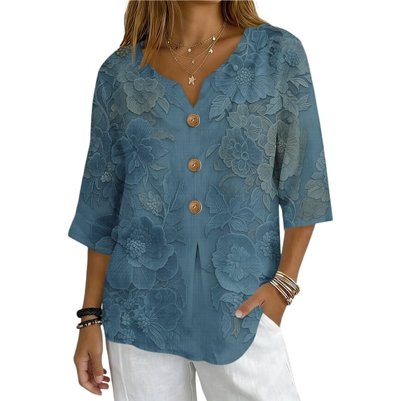 Ounisa Womens 3/4 Sleeve Blouses V Neck Cotton Linen Print Button Detail Casual Fashion Spring Summer Daily Wear Shirts S-2XL