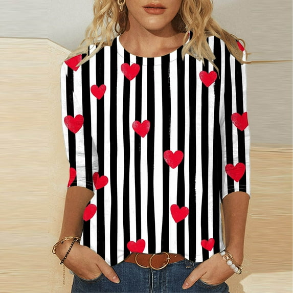 Ounisa Womens 3/4 Sleeve Crew Neck Valentine T Shirts Love Heart Printed Tee Stripe Tops
