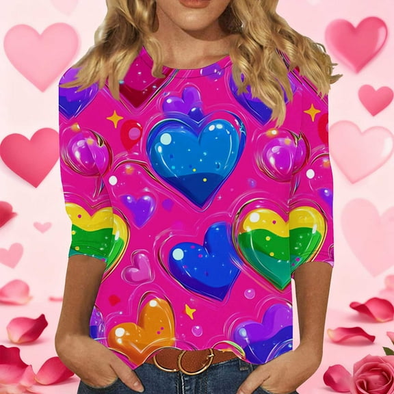 Ounisa Womens 3/4 Sleeve Shirts Crew Neck Valentine T Shirts Love Heart Graphic Tee Tops Fashionable Clothes