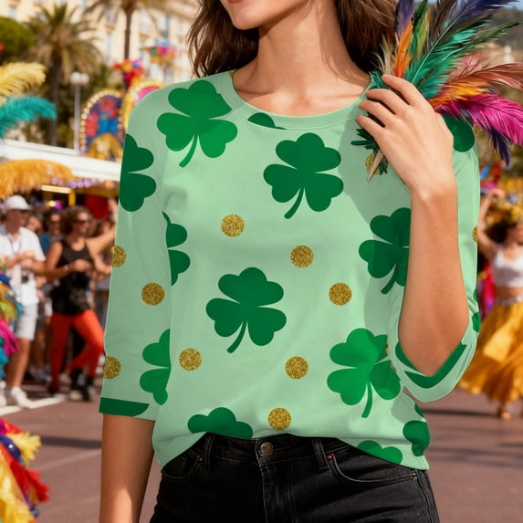 Ounisa Womens 3/4 Sleeve St. Patrick's Day T-Shirts Crew Neck Spring Graphic Tee Tops