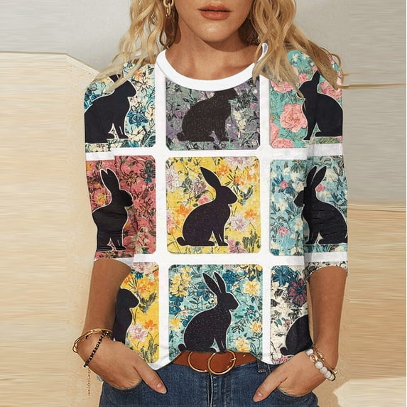 Ounisa Womens 3/4 Sleeve T Shirt Crew Neck Easter Bunny Printed Pullover Loose Fit Casual Spring Practical Tops S-3XL