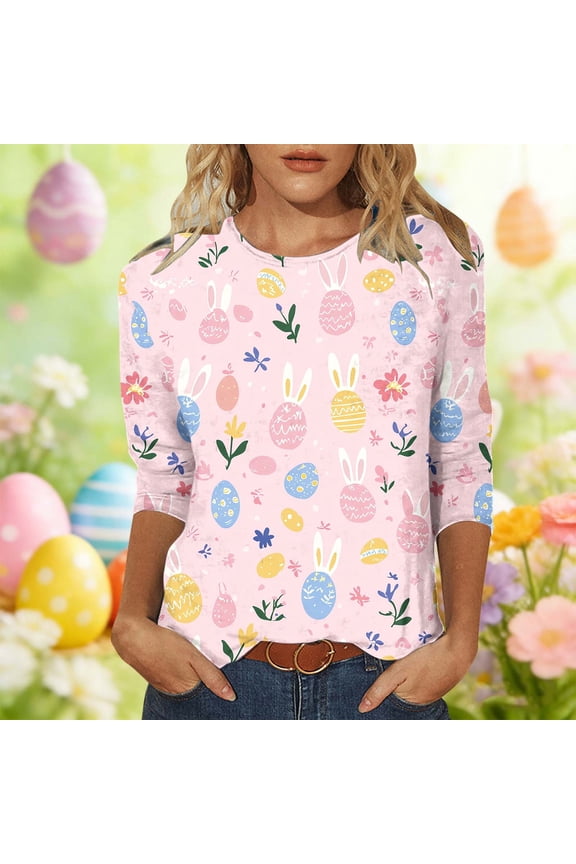 Womens 3/4 Sleeve T Shirt Crew Neck Easter Bunny Printed Pullover Loose Fit Casual Summer Trendy Tops S-5XL