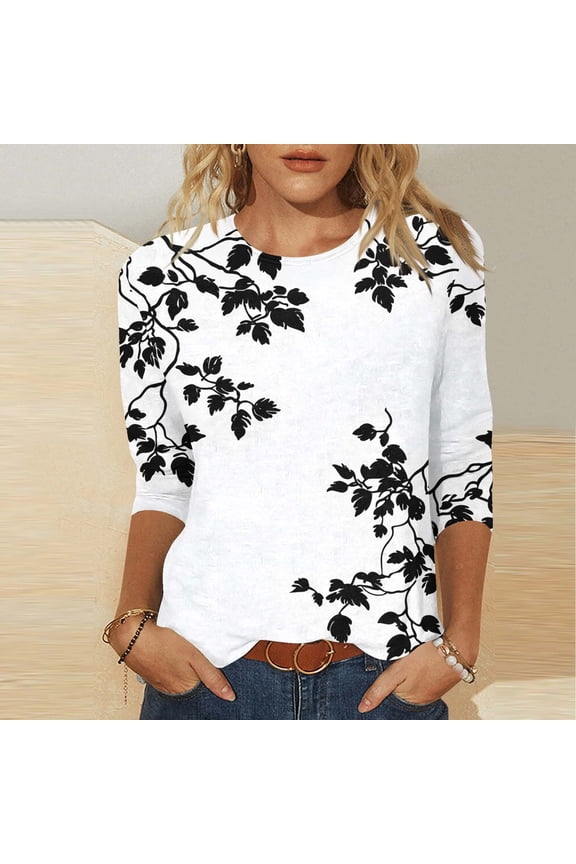 Womens 3/4 Sleeve T Shirt Crew Neck Printed Pullover Casual Fashion Loose Fit Daily Wear Elegant Tops S-5XL