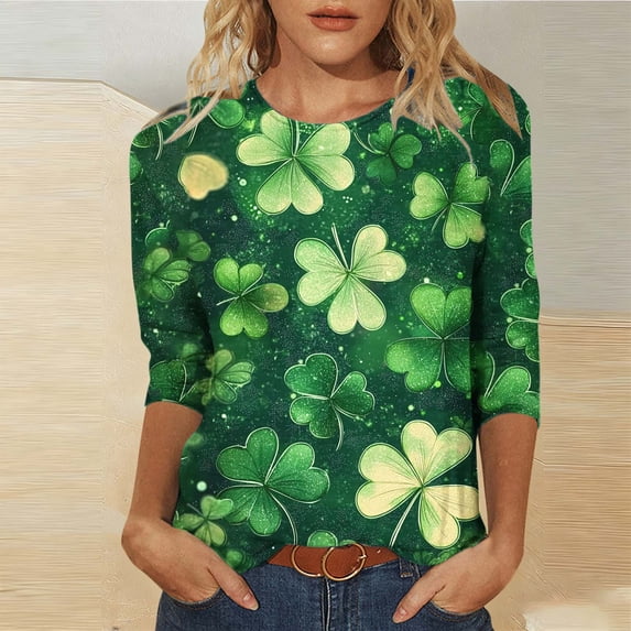 Ounisa Womens 3/4 Sleeve T Shirt Crew Neck St.Patrick's Day Printed Pullover Loose Fit Casual Fashion Modern Tops S-3XL