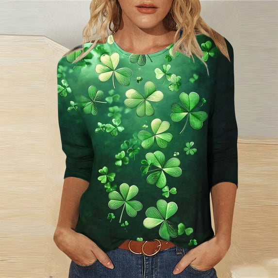 Ounisa Womens 3/4 Sleeve T Shirt Crew Neck St.Patrick's Day Printed Pullover Loose Fit Casual Fashion Practical Tops S-3XL