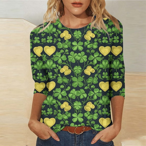 Ounisa Womens 3/4 Sleeve T Shirt Crew Neck St.Patrick's Day Printed Pullover Loose Fit Casual Fashion Stylish Tops S-3XL