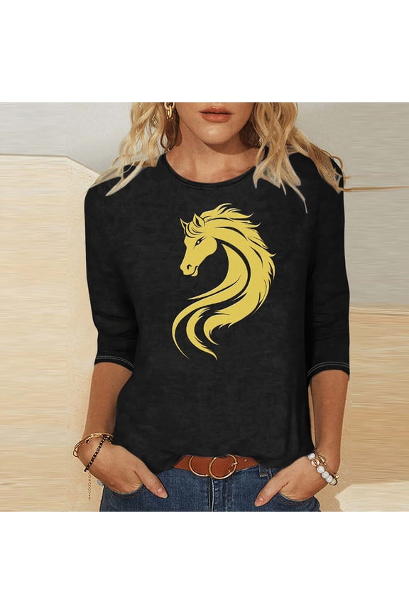 Womens 3/4 Sleeve T Shirts Crew Neck 2026 New Year Fashion Print Casual Loose Fit Spring Festival Daily Wear Tops S-5XL