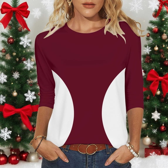 Ounisa Womens 3/4 Sleeve T Shirts Crew Neck All Over Print Casual Soft Comfy Loose Fit Spring Summer Daily Wear Basic Tops S-2XL