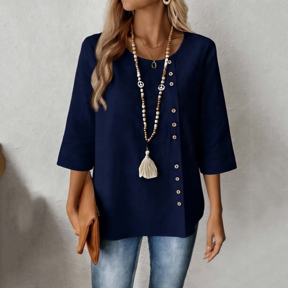 Ounisa Womens 3/4 Sleeve T Shirts Crew Neck Button Detail Solid Color Casual Trendy Loose Fit Spring Summer Daily Fashion Tops M-3XL