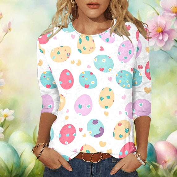 Ounisa Womens 3/4 Sleeve T Shirts Crew Neck Easter bunny Printed Casual Loose Fit Soft Comfy Spring Festival Daily Wear Tops S-5XL