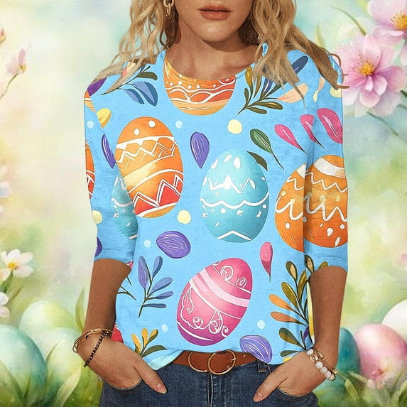 Ounisa Womens 3/4 Sleeve T Shirts Crew Neck Easter bunny Printed Casual Loose Fit Soft Comfy Spring Festival Daily Wear Tops S-5XL