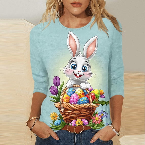 Ounisa Womens 3/4 Sleeve T Shirts Crew Neck Easter bunny Printed Loose Fit Pullover Casual Spring Festival Daily Wear Tops S-3XL