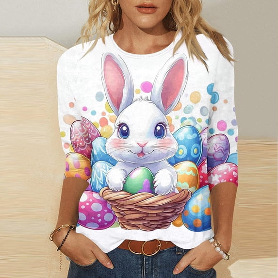 Ounisa Womens 3/4 Sleeve T Shirts Crew Neck Easter bunny Printed Loose Fit Pullover Casual Spring Festival Daily Wear Tops S-3XL