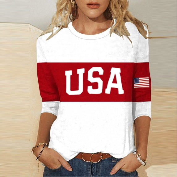Ounisa Womens 3/4 Sleeve T Shirts Crew Neck Independence Day Print Loose Fit Casual Summer Patriotic Festival Fashion Tops S-3XL