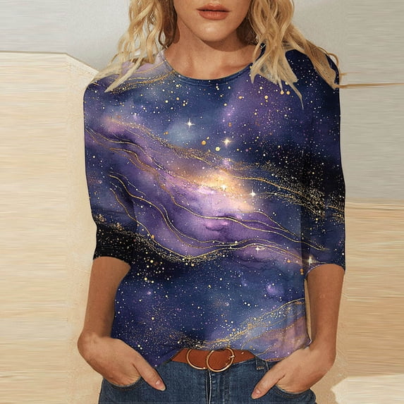 Ounisa Womens 3/4 Sleeve T Shirts Crew Neck Starry Sky Galaxy Print Casual Loose Fit Soft Comfy Spring Summer Daily Wear Tops S-5XL
