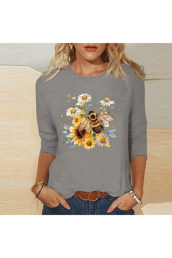 Womens 3/4 Sleeve Tees Crew Neck 2026 Spring Summer Fashion World Bee Day Printed Loose Fit 2026 Spring Daily Casual Stylish Tops S-2XL