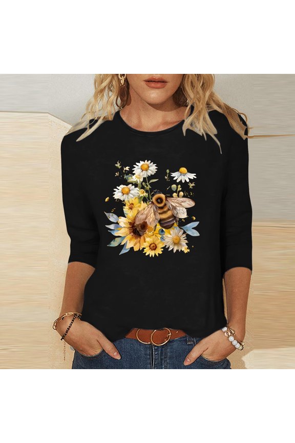 Womens 3/4 Sleeve Tees Crew Neck 2026 Spring Summer Fashion World Bee Day Printed Loose Fit 2026 Spring Daily Casual Stylish Tops S-2XL