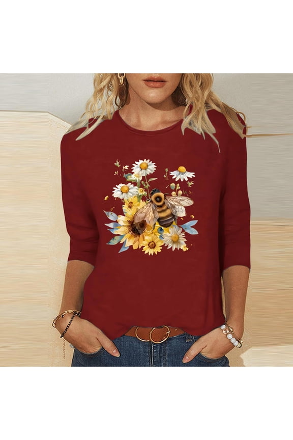 Womens 3/4 Sleeve Tees Crew Neck 2026 Spring Summer Fashion World Bee Day Printed Loose Fit 2026 Spring Daily Casual Stylish Tops S-2XL