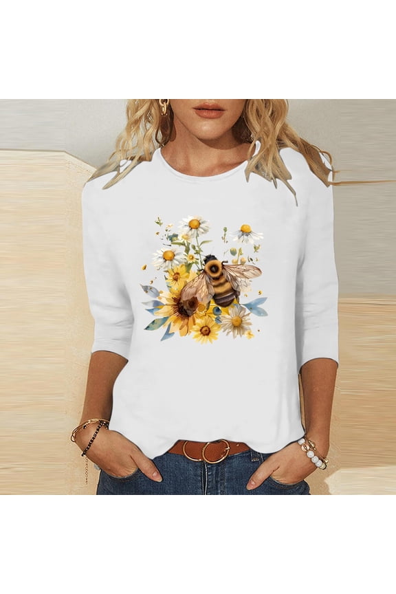 Womens 3/4 Sleeve Tees Crew Neck 2026 Spring Summer Fashion World Bee Day Printed Loose Fit 2026 Spring Daily Casual Stylish Tops S-2XL