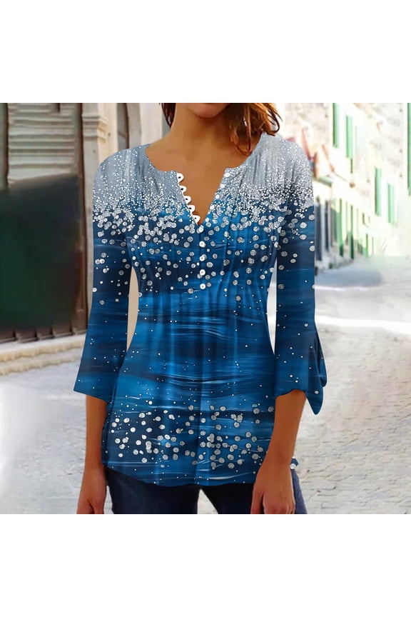 Womens 3/4 Sleeve Top V Neck Button Flared Sleeve Random Printed Ruched Casual Daily Wear Trendy Tops S-2XL