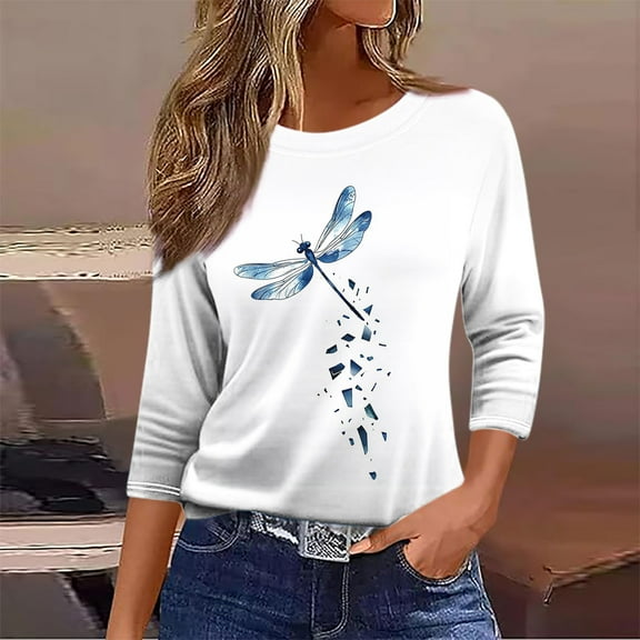 Ounisa Womens 3/4 Sleeve Tops 2025 Summer Floral Print Round Neck Shirts Loose Fit Three Quarter Sleeve Tshirts