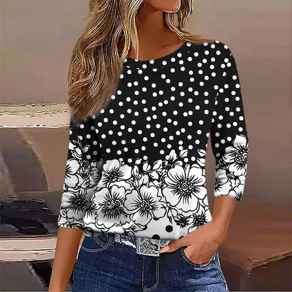 Ounisa Womens 3/4 Sleeve Tops 2025 Summer Floral Print Round Neck Shirts Loose Fit Three Quarter Sleeve Tshirts