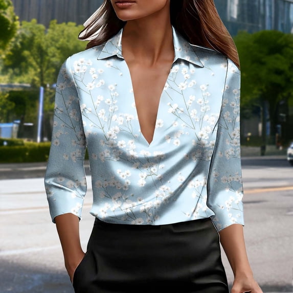 Ounisa Womens 3/4 Sleeve Tops Deep V Neck Collared Satin Retro Print Casual Loose Fit Fashion Blouses For Spring Summer Fall S-3XL