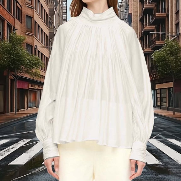 Ounisa Womens Babydoll Tops Puff Long Sleeve Open Back Bow Tie Blouses Bubble Mock Neck Pleated Shirts