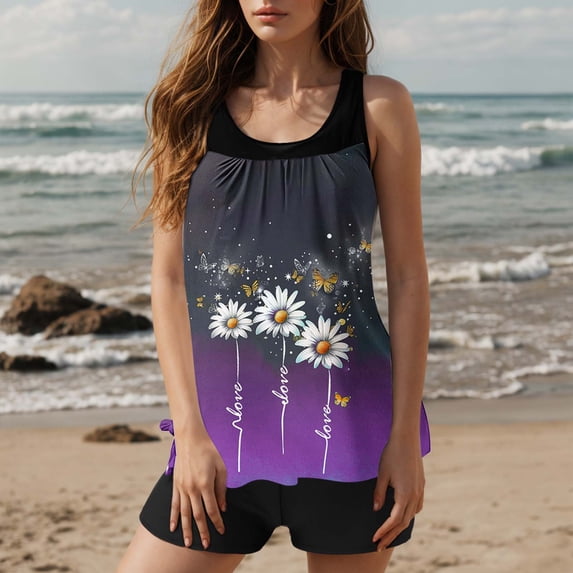 Ounisa Womens Blouson Striped Printed Push up Strappy T-Back Tankini Top with Shorts