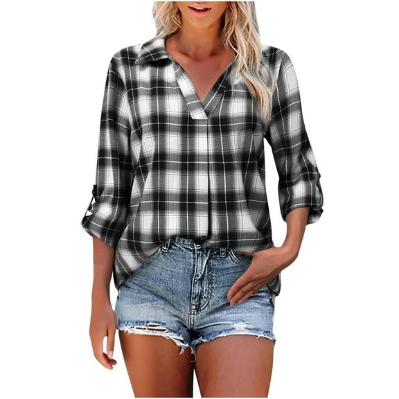 Ounisa Womens Button Down Flannel Shirts Long Sleeve Plaid Shackets Business Casual Blouse Top