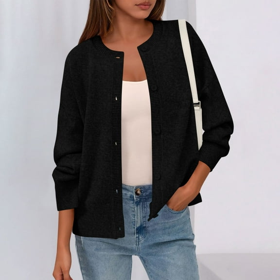 Ounisa Womens Button Up Cardigan Sweaters Long Sleeve Crew Neck Fall Soft Lightweight Knit Loose Sweater Tops