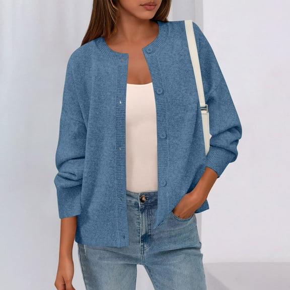 Ounisa Womens Button Up Cardigan Sweaters Long Sleeve Crew Neck Fall Soft Lightweight Knit Loose Sweater Tops