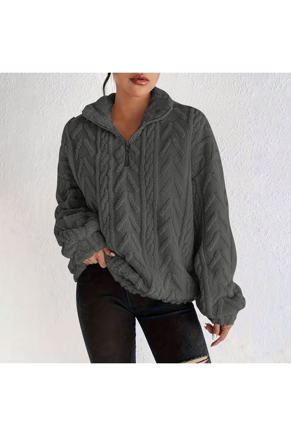 Womens Cable Knit Half Zip Sweater V Neck Collared Fall Trendy Oversized Long Sleeve Solid Pullover Tops