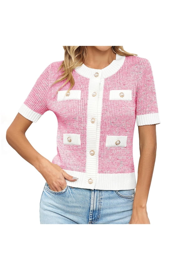 Womens Casual Coats Short Sleeve Button Down Cardigan Sweaters Cropped Open Front Tweed Outerwear Jacket Fall Elegant Knit Tops