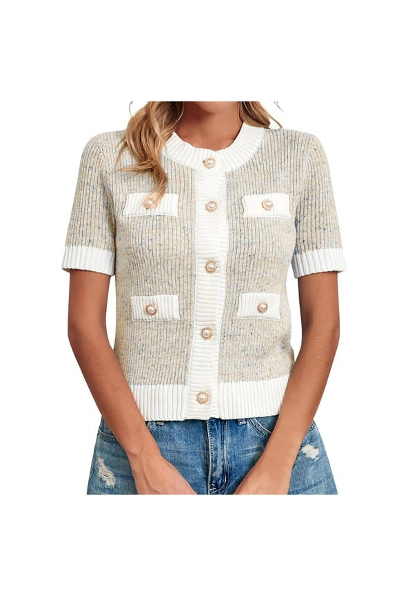 Womens Casual Coats Short Sleeve Button Down Cardigan Sweaters Cropped Open Front Tweed Outerwear Jacket Fall Elegant Knit Tops