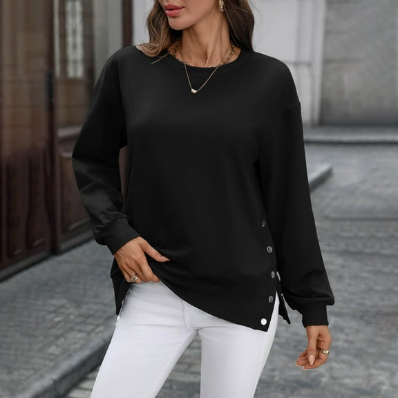 Ounisa Womens Casual Long Sleeve Tunic Tops Round Neck Shirt Button Side Basic Tees Wearring with Leggings 2024