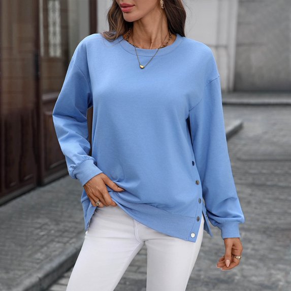Ounisa Womens Casual Long Sleeve Tunic Tops Round Neck Shirt Button Side Basic Tees Wearring with Leggings 2024