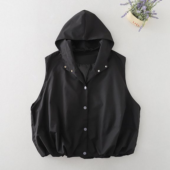 Ounisa Womens Coats Tops Casual Lightweight Button Down Vest Cargo Oversized Ruched Hem Sleeveless Hoodie Jackets Outerwear