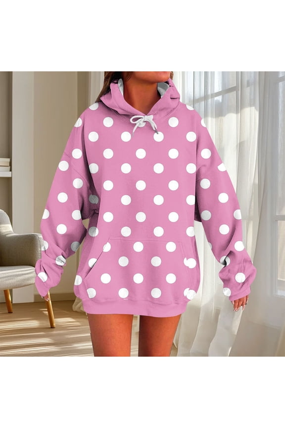 Womens Coats Tops Polka Dot Hoodie Oversized Fleece Drop Shoulder Long Sleeve Graphic Print Aesthetic Pullove Hooded Trendy Sweatshirt
