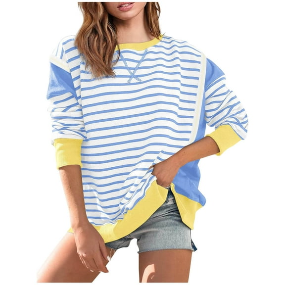 Ounisa Womens Color Splicing Stripe Loose Long Sleeve T Shirts Casual Comfy Tops Tee Shirt Women's Tunics