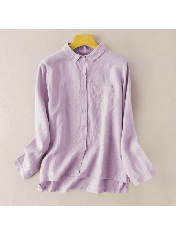 Womens Cotton Linen Long Sleeve Tops High Low Side Slit Blouses Dressy Casual Button Down Collared Shirts