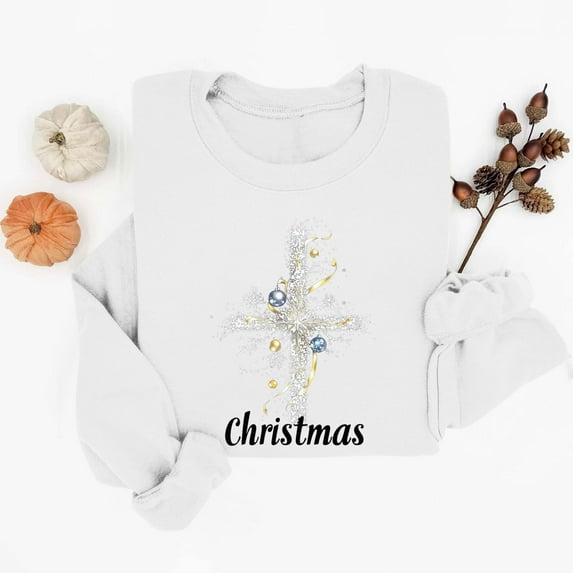 Ounisa Womens Crewneck Sweatshirt Long Sleeve Christmas Cross Print Terry Casual Cute Pullover Top Sweater